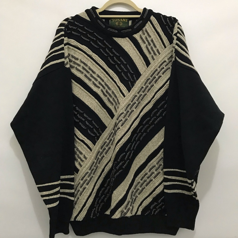 Vintage Tosani Black and Beige Textured Knit Sweater Size L